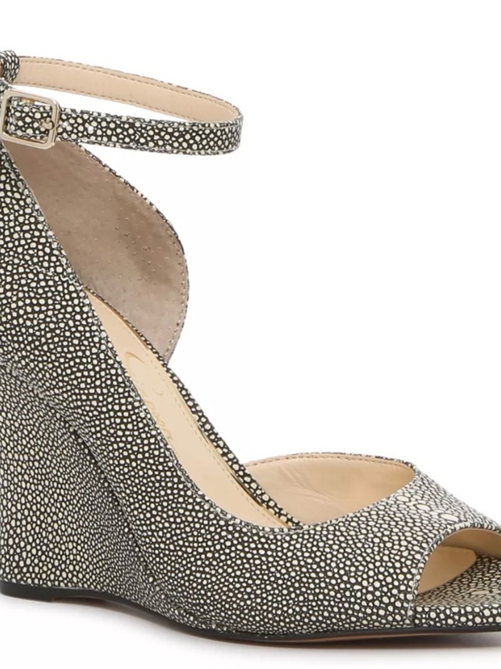 Jessica Simpson Black and White Peep-Toe Ankle-Strap Wedge